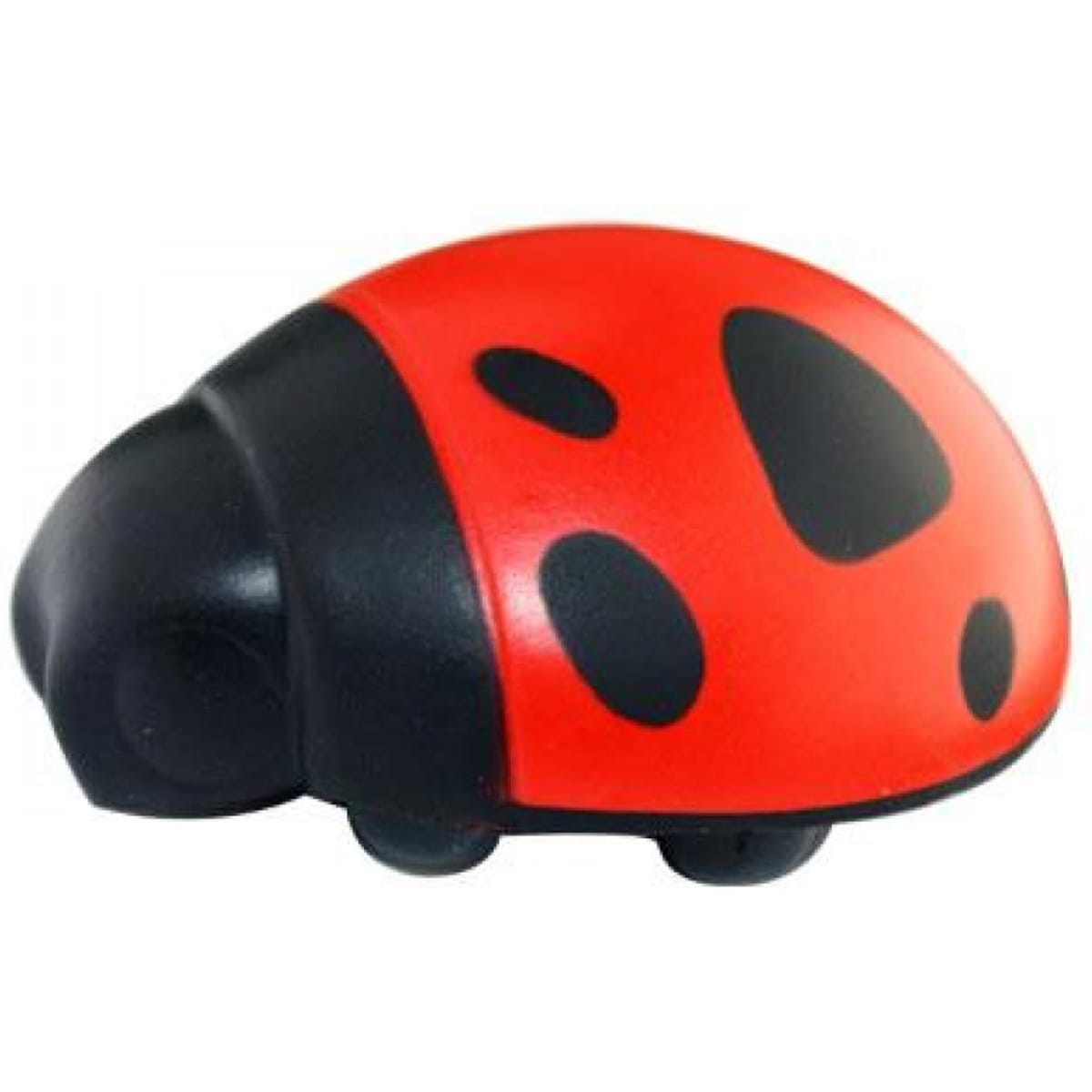 A red and black stress relief ladybird with a smooth surface and rounded shape. It features black spots and has a logo.
