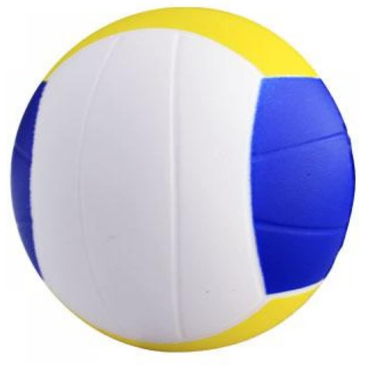 A stress hackey sack ball featuring blue, yellow, and white sections with a textured surface and a logo.