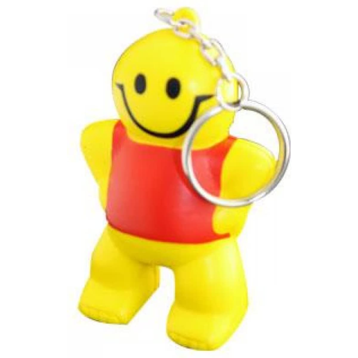 A bright yellow keyring shaped like a smiling little man with a red shirt and a silver chain attachment.
