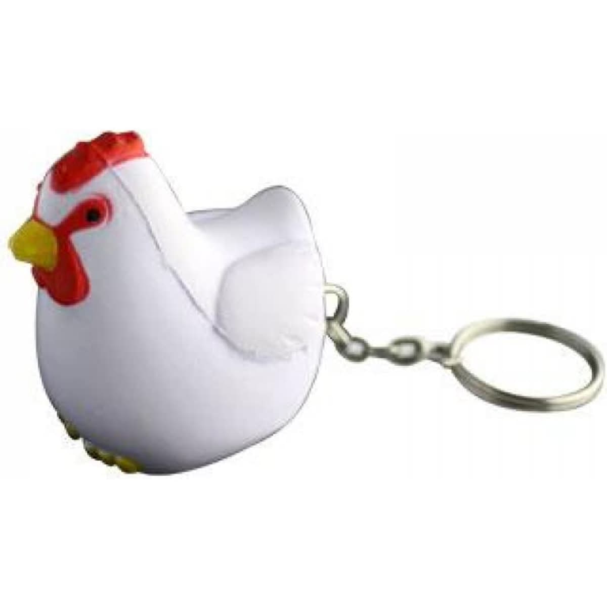 A white stress rooster keyring featuring a red comb and yellow beak, attached to a metal keychain.