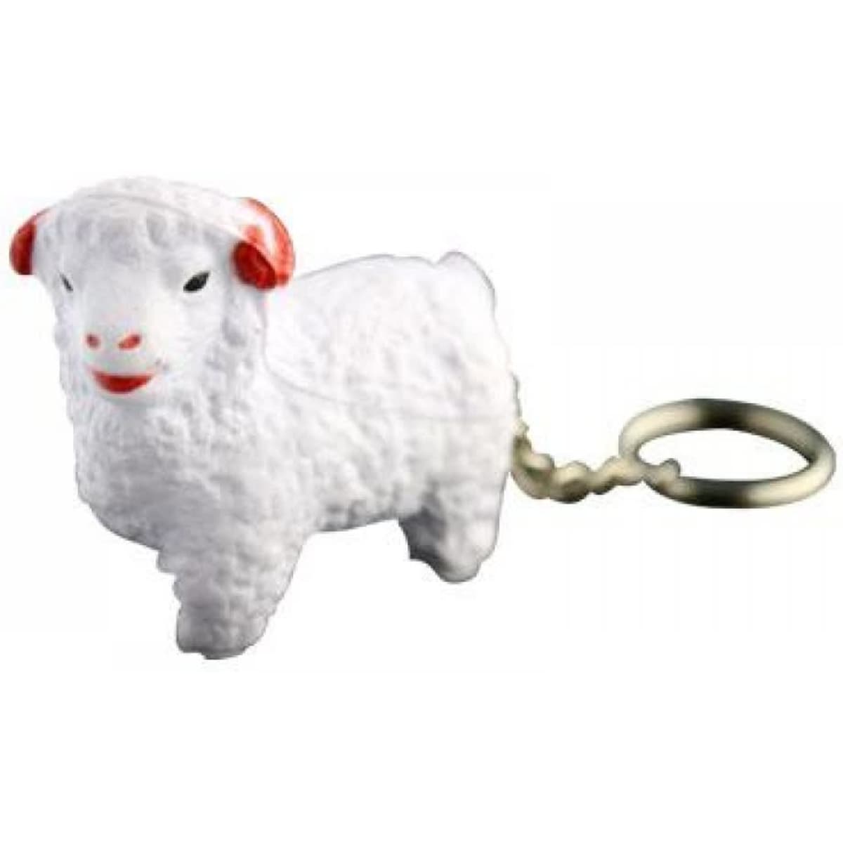 A white sheep-shaped keyring with red accents, featuring a keychain attachment. It has a textured surface.