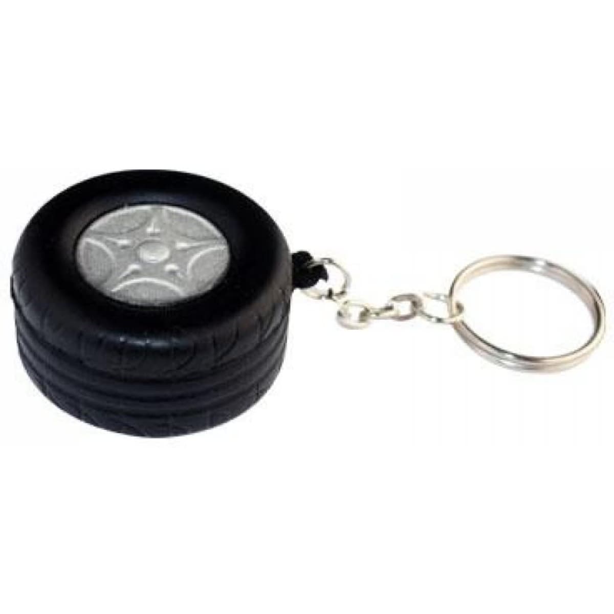 A black stress tyre keyring featuring a silver inner design and attached to a silver keyring.