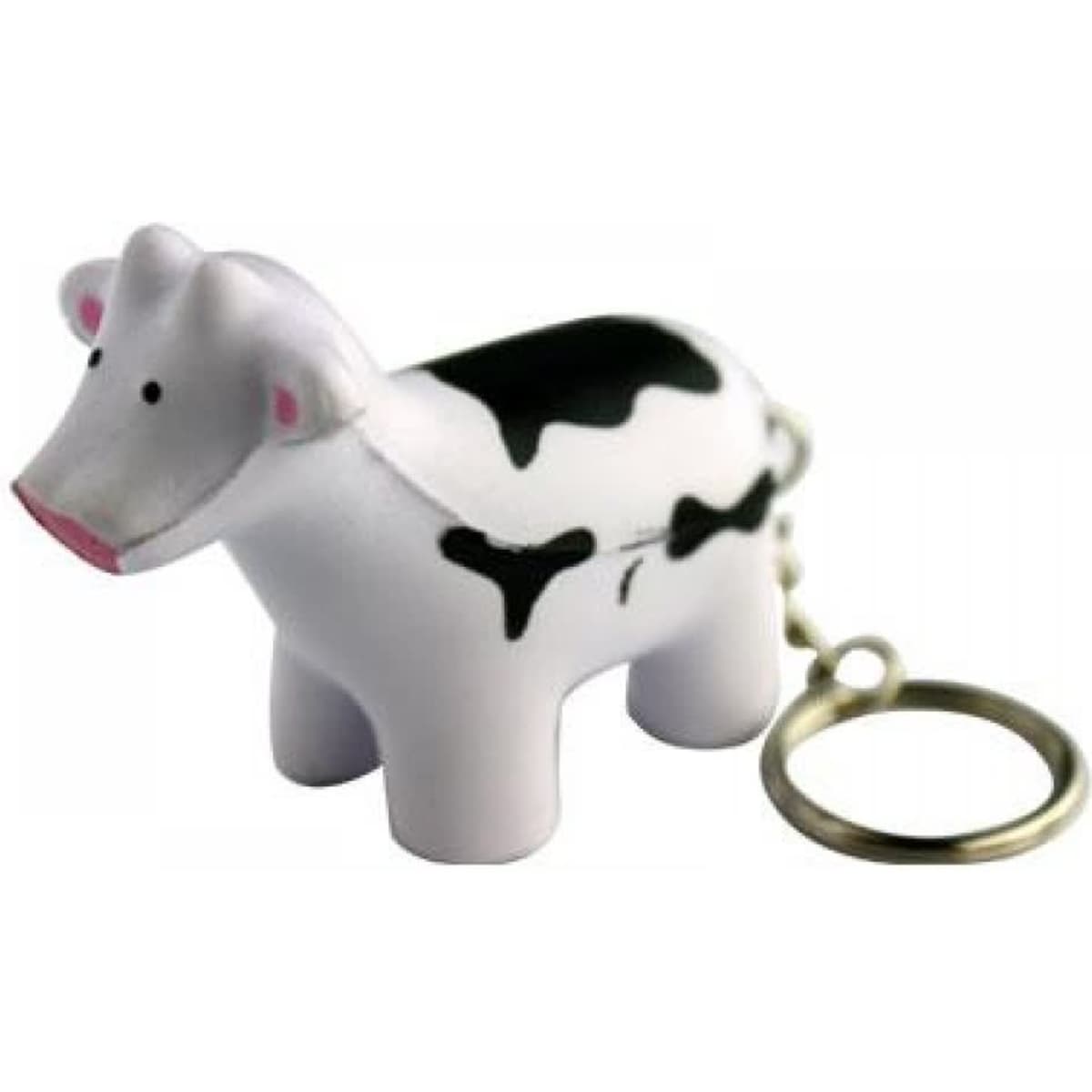 A stress cow keyring in white and black, featuring a cow-shaped design with a metal keyring attachment.