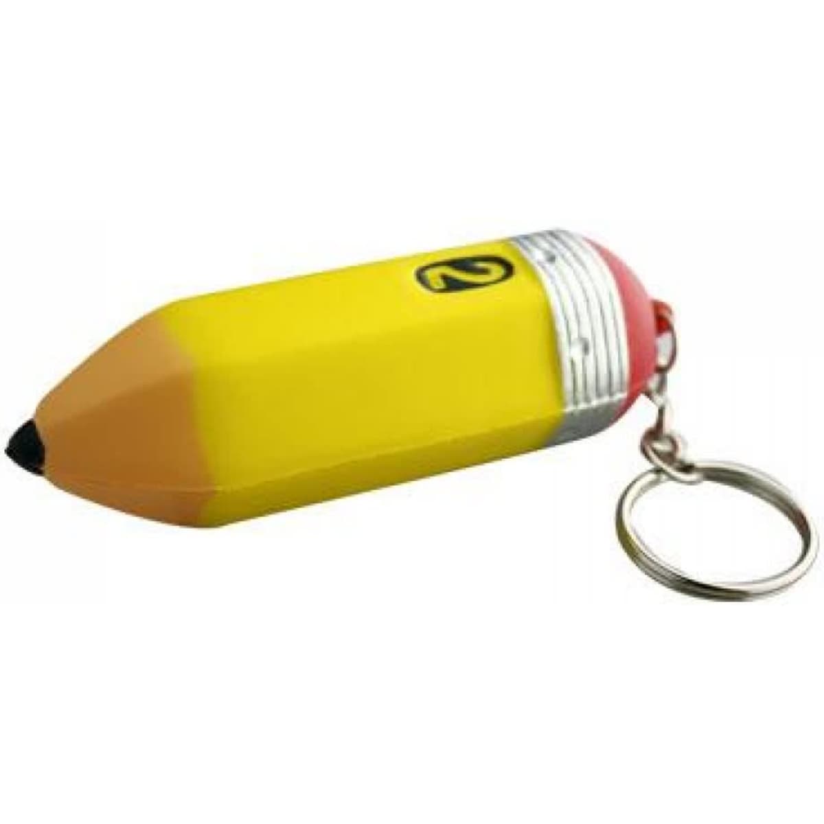 A yellow pencil-shaped keyring with a red top and silver accent, featuring a logo.
