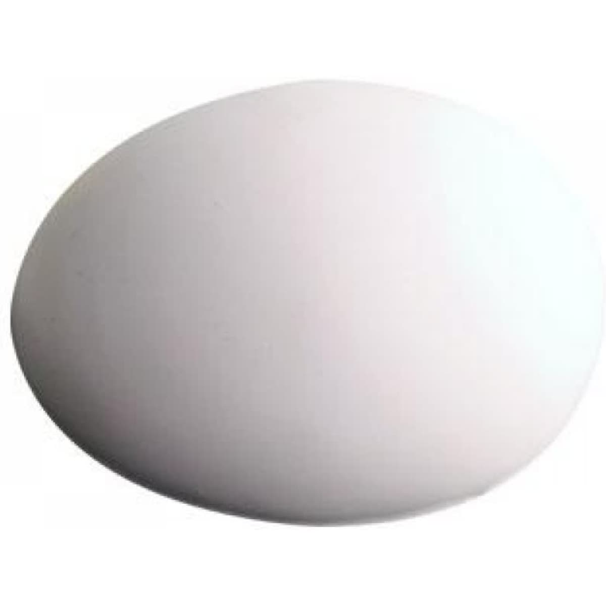 A white stress egg featuring a smooth, oval shape. It has a branding logo on one side.