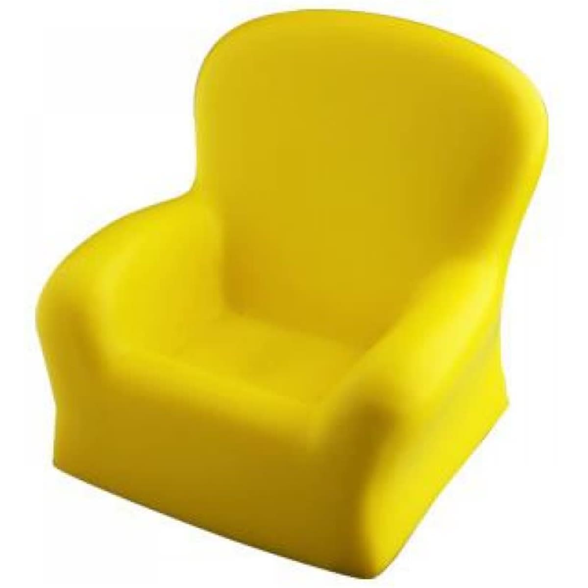 A bright yellow stress chair with a smooth, rounded design and armrests. It has a simple, modern look.