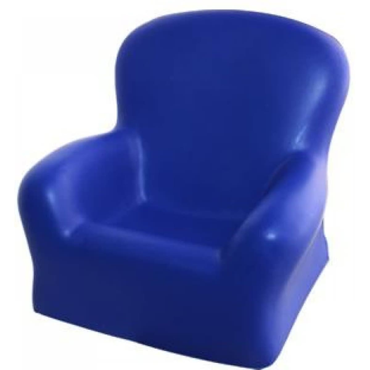 A blue stress chair with a rounded design and wide armrests, featuring a smooth, contoured surface.