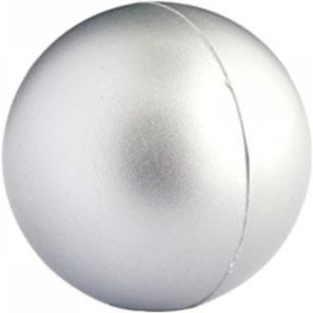 A silver stress ball with a smooth, metallic finish and a seam around the middle. It features a logo.