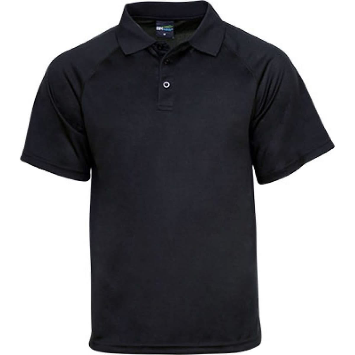 A black sports polo featuring a classic collar and short sleeves, including a logo on the front.