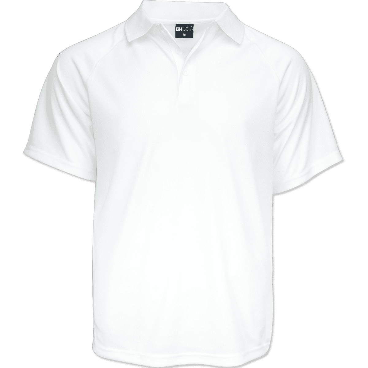 A white sports polo with a classic collar and short sleeves, featuring a logo on the front.