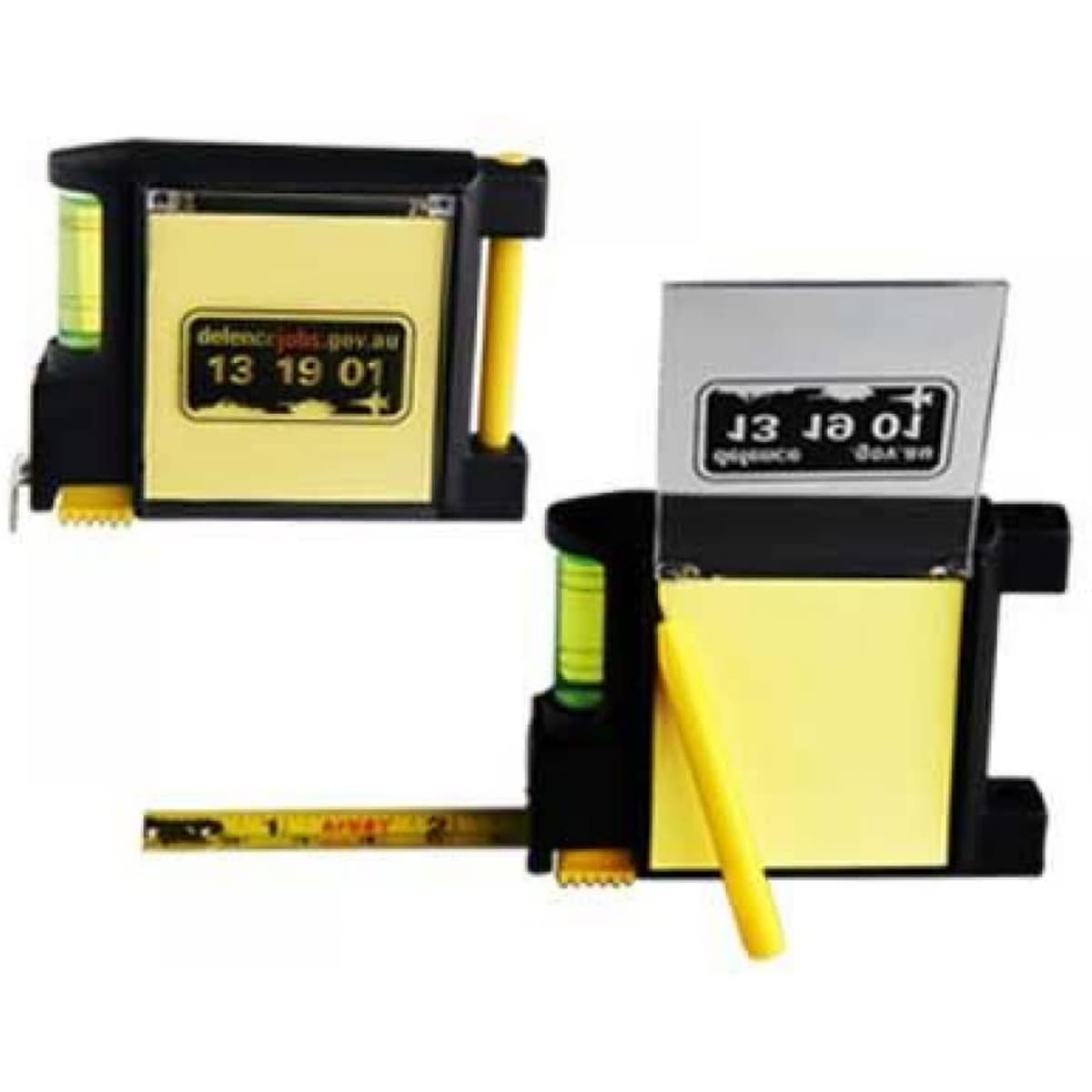 A black and yellow 4-in-1 tape measure with a spirit level, yellow notepad, and a retractable measuring tape.