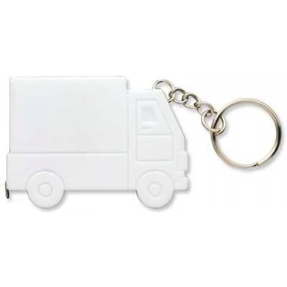 A white truck-shaped keychain with a metal ring attached. The keychain has a simple, flat design.