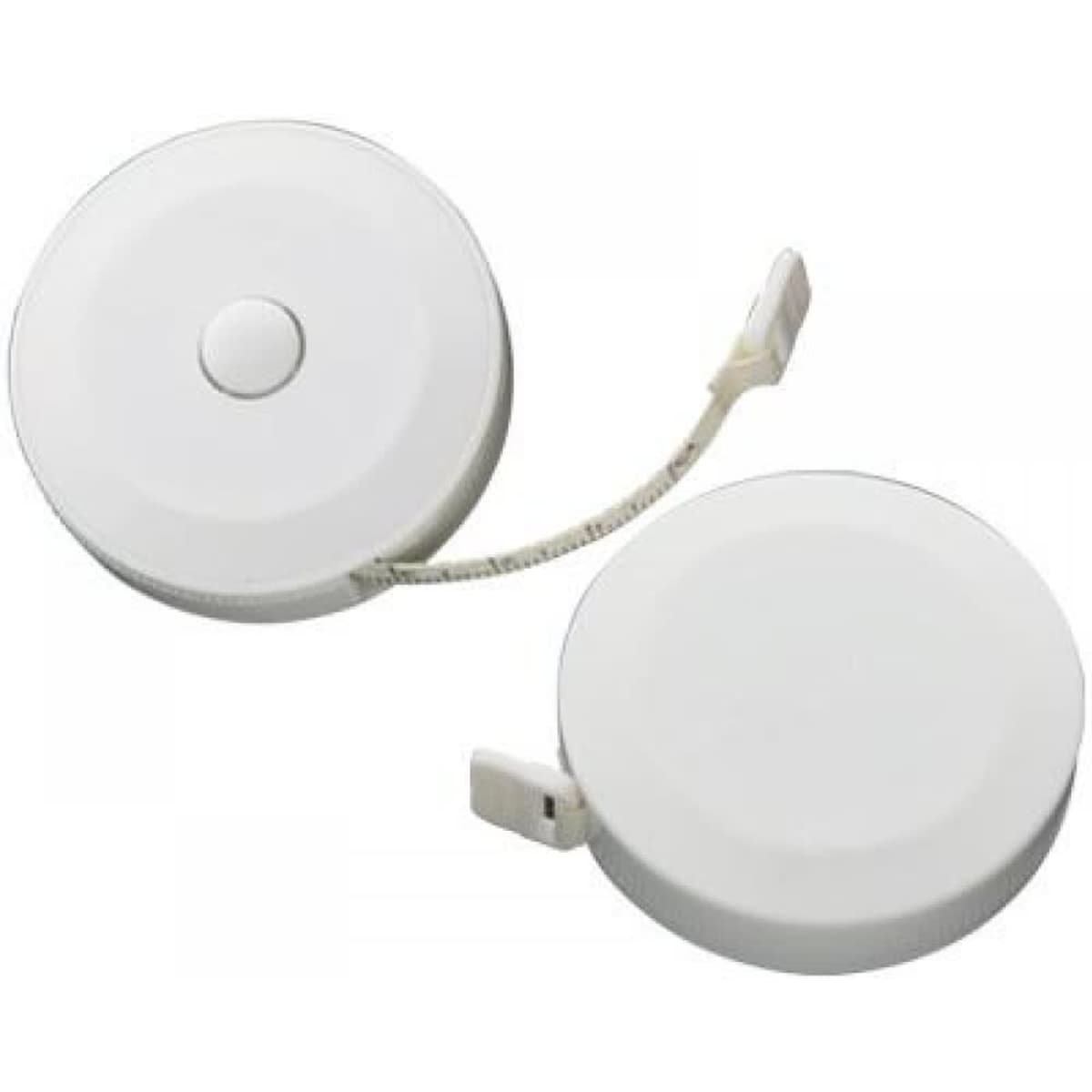 A white circular tape measure with a retractable measuring tape and a small button on the front.