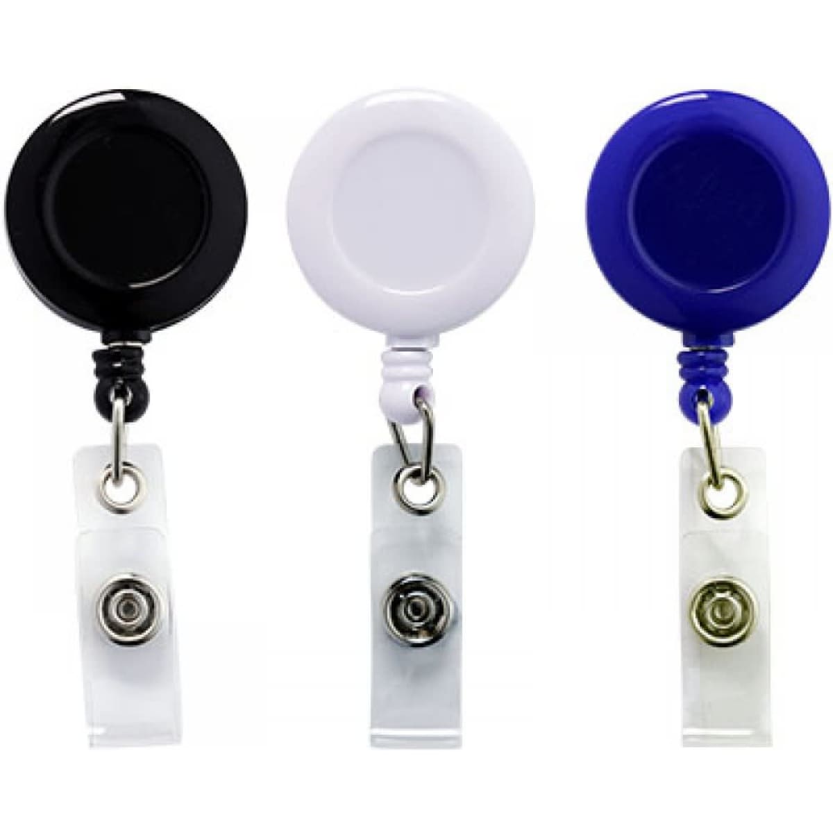 Retractable badge holders in black, white, and blue, featuring a round design with a clip on the back.