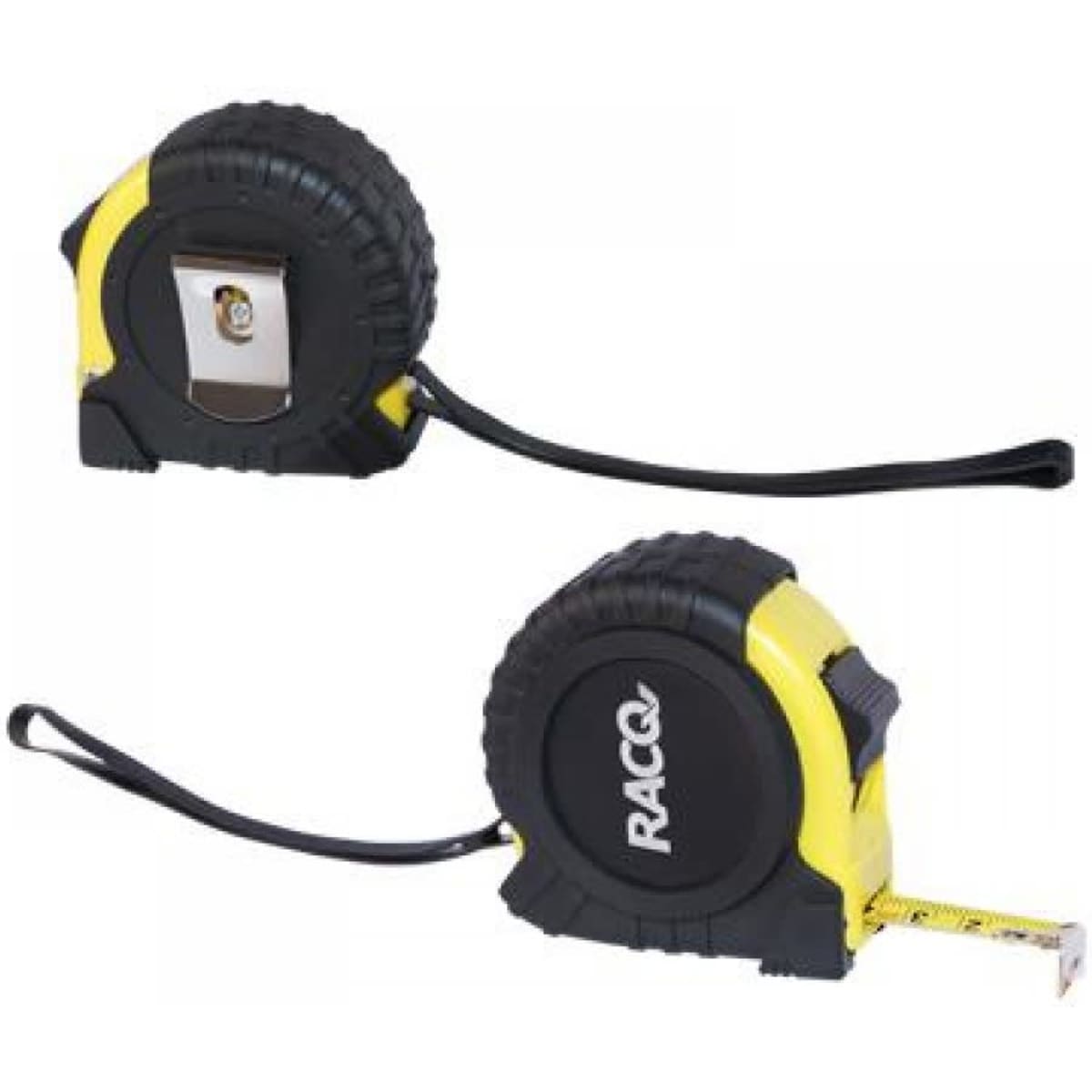 A yellow and black 5M tape measure with a rubber grip and a branding logo on the side.