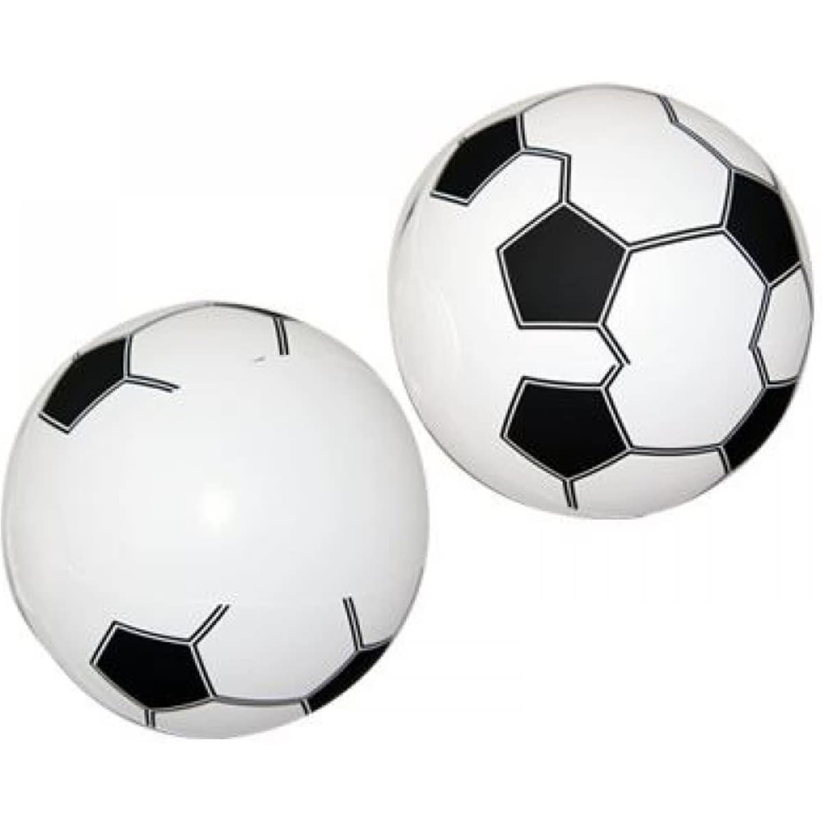 Two white soccer beach balls with black pentagon and hexagon patterns, featuring a logo on one of them.