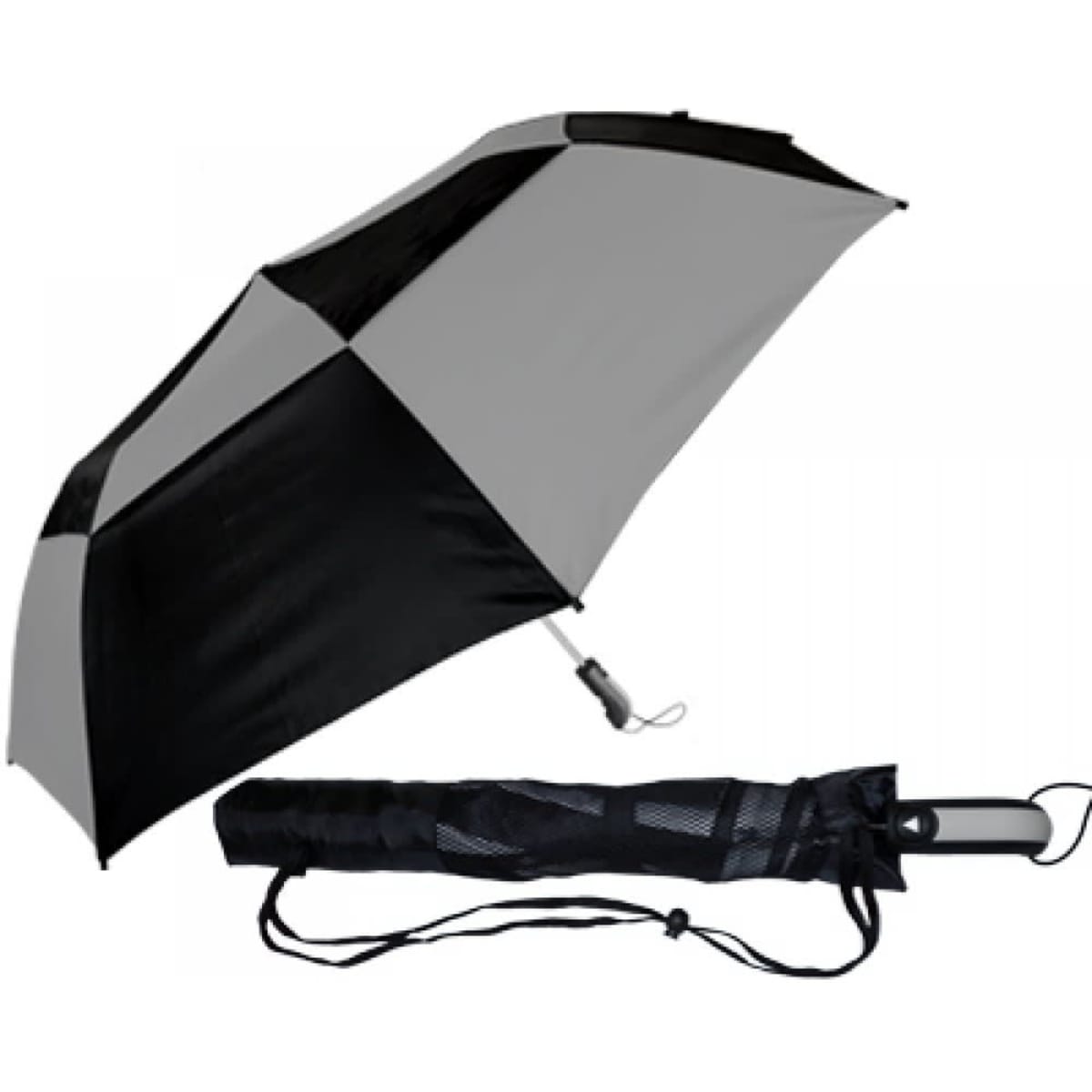 A grey and black umbrella, with a matching protective sleeve, featuring a logo.
