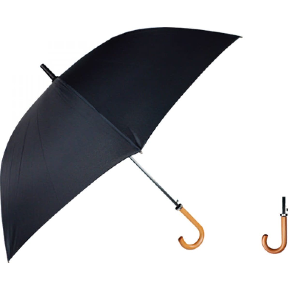 A black curved handle umbrella with a wooden handle, displayed in an open and closed position.