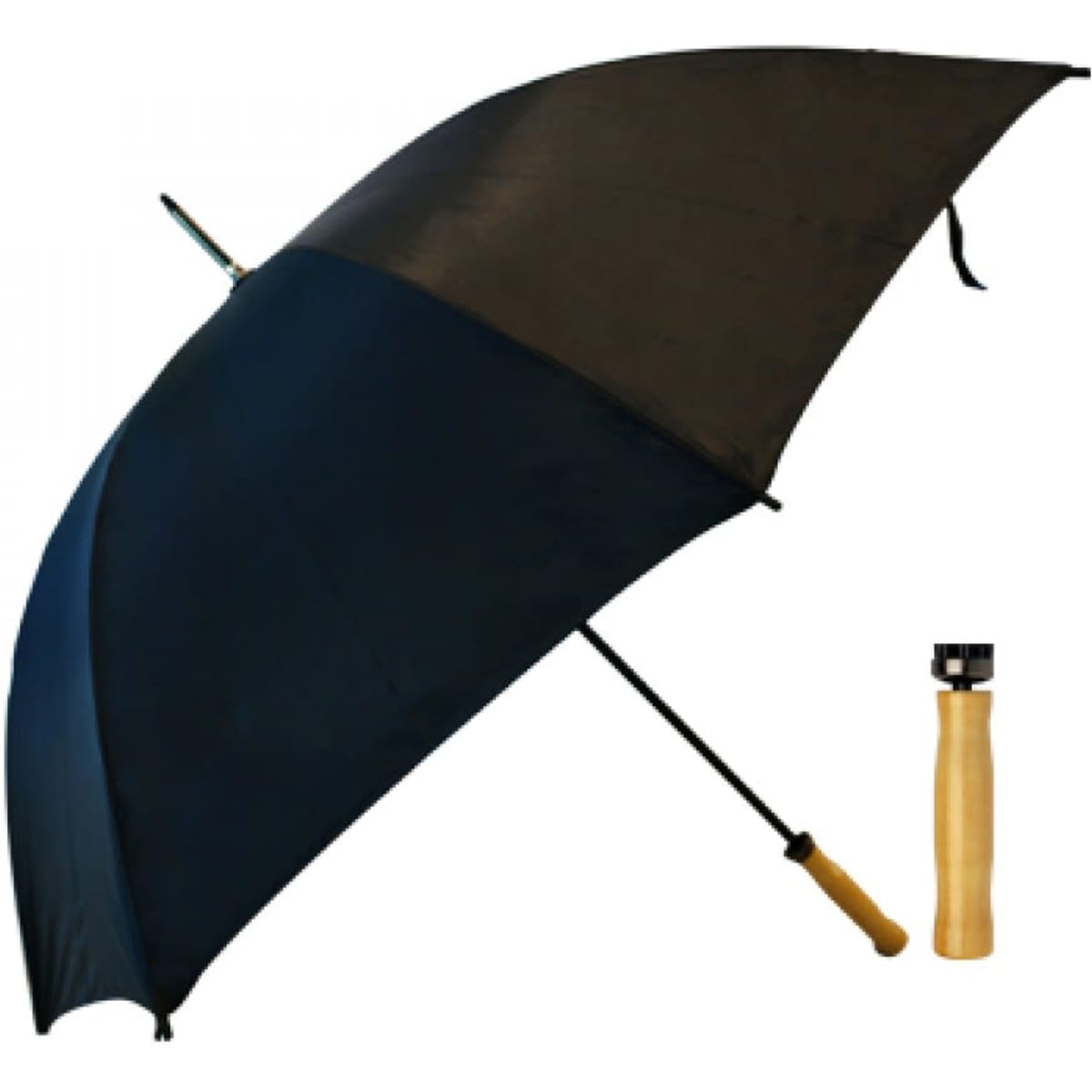 A black umbrella with a wooden handle, displayed alongside its closed form.