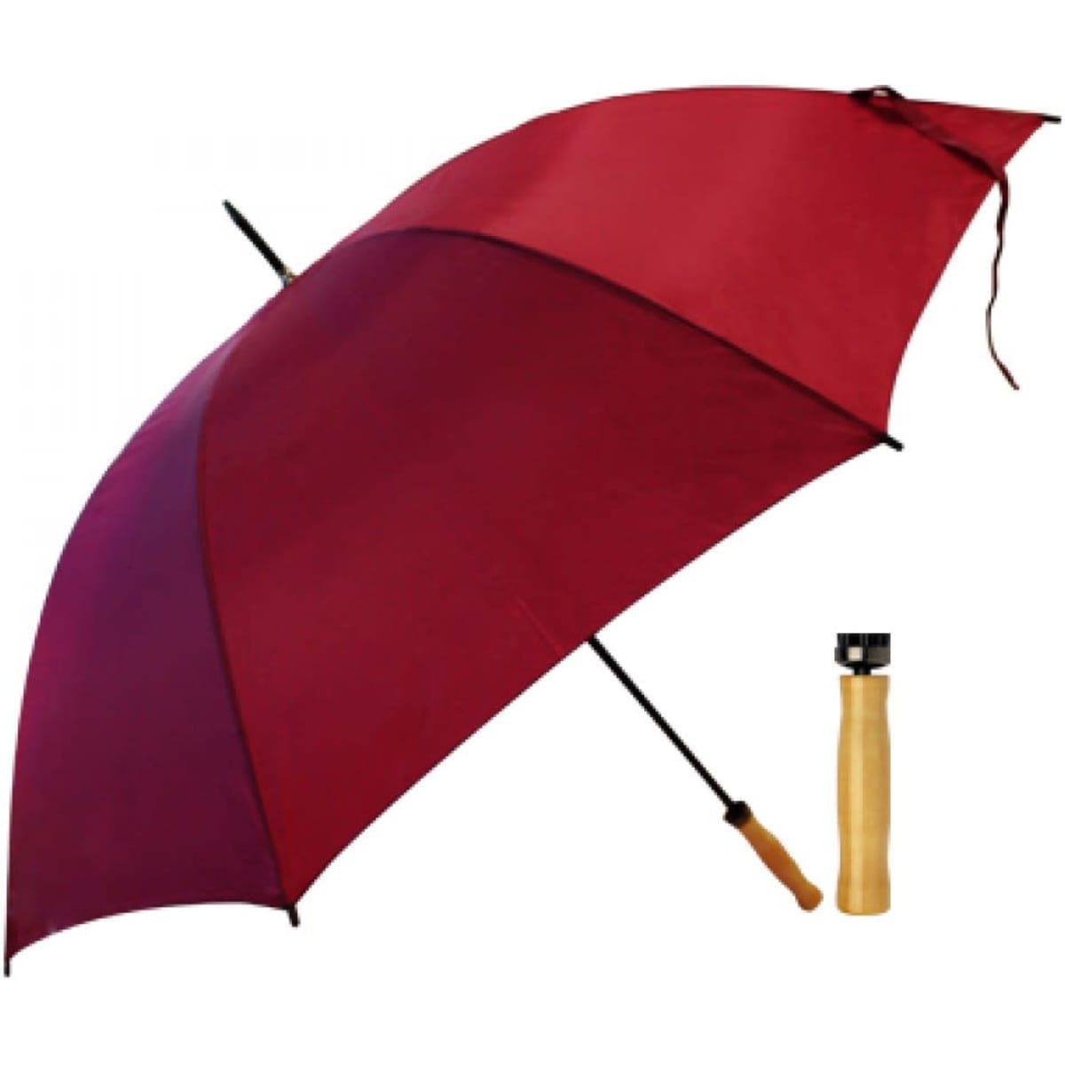 A burgundy umbrella with a wooden handle and a compact design, featuring a logo.