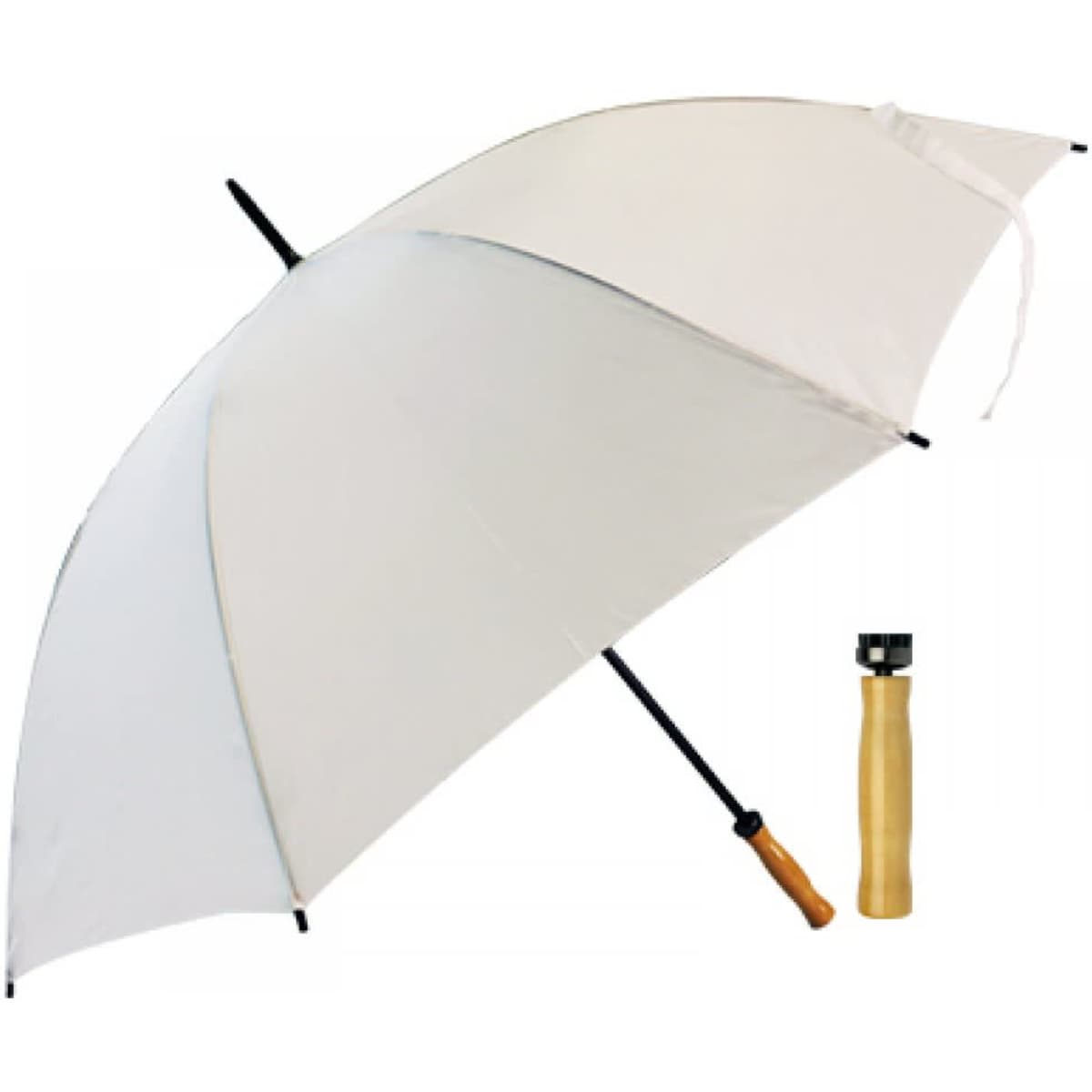 A white budget umbrella featuring a wooden handle and a compact design for easy storage.