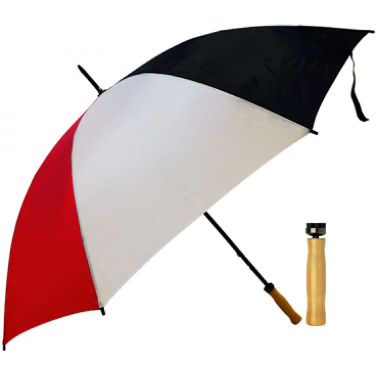 A budget umbrella featuring a black, white, and red canopy with a wooden handle and a branding logo.