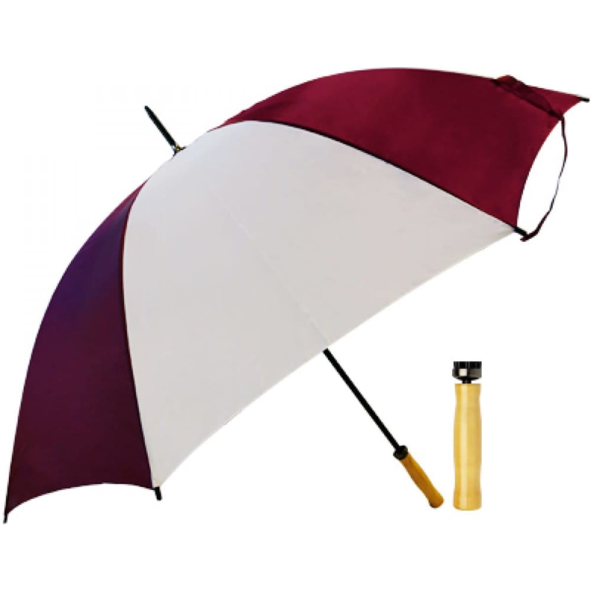 A burgundy and white budget umbrella with a wooden handle and a compact design.