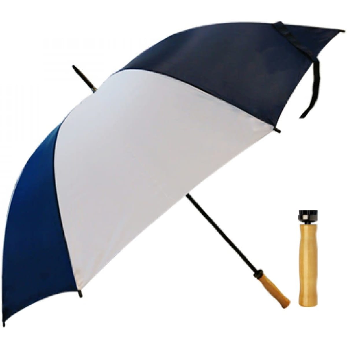 A navy and white umbrella with a wooden handle and a logo. It is folded beside it for display.