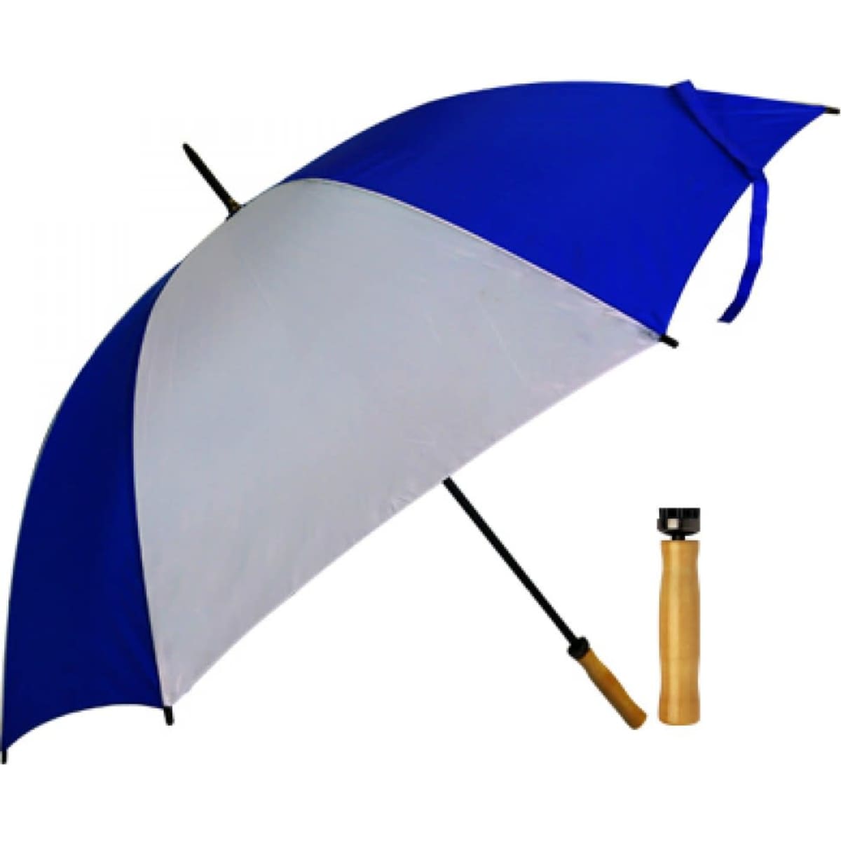A royal blue and white budget umbrella with a wooden handle and a compact design for easy storage.