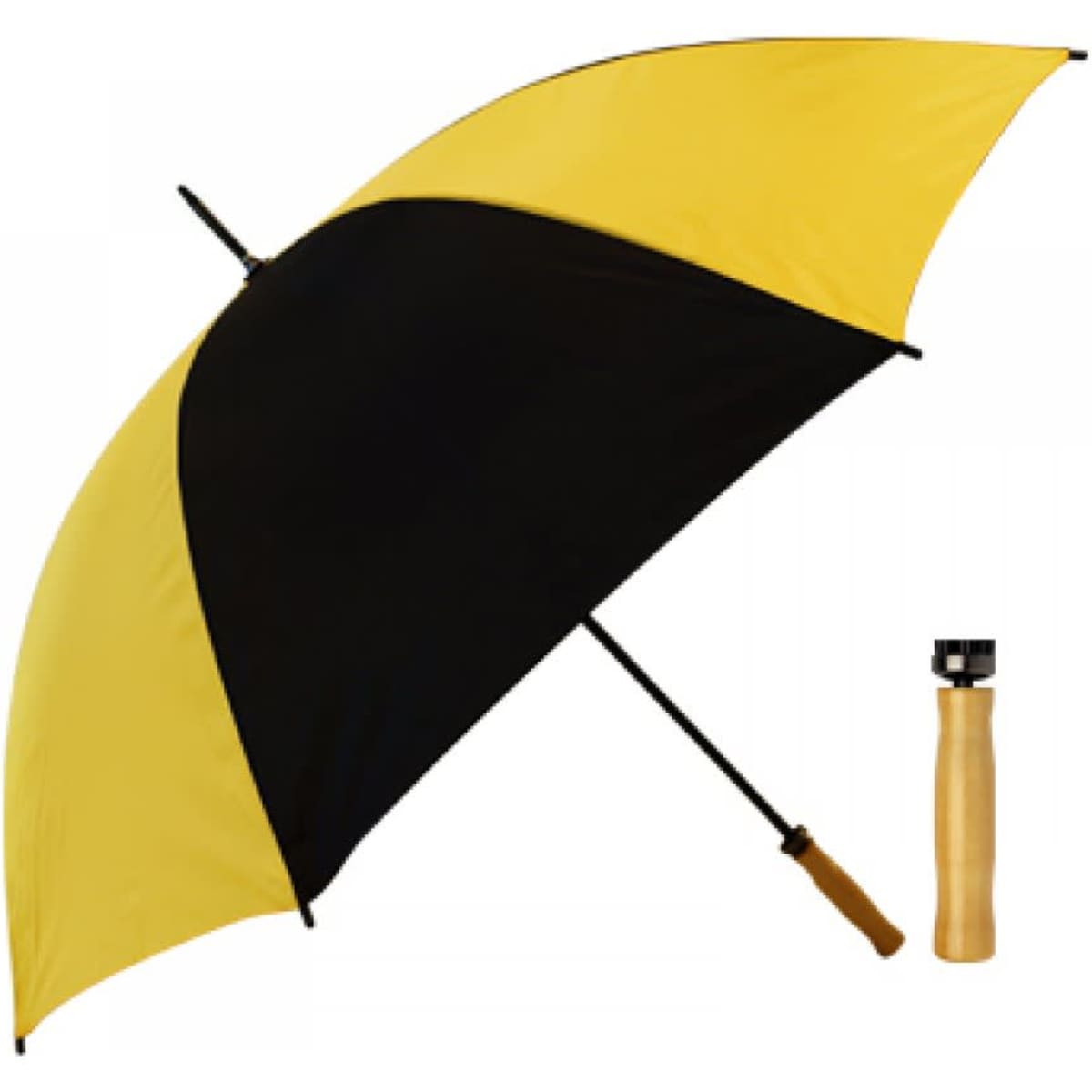 A black and yellow budget umbrella with a wooden handle, displayed alongside its closed form.