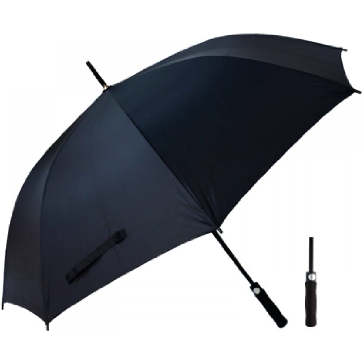 A black umbrella with a curved handle and a compact design for easy storage. It features a logo on the handle.