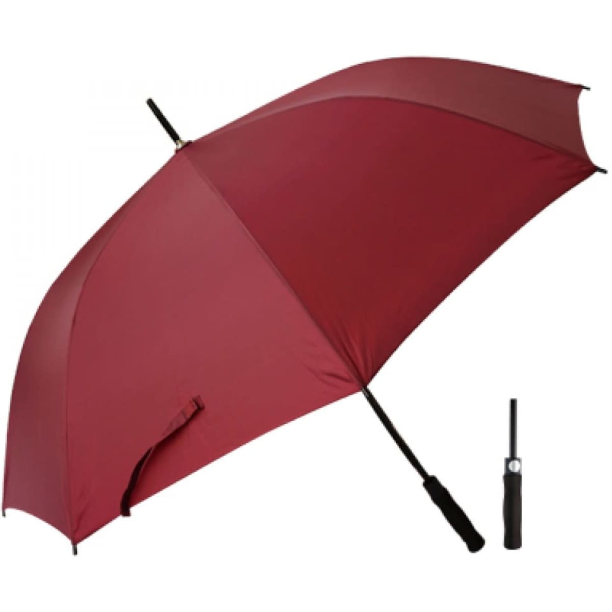 A drink bottle in a deep burgundy colour features a sleek design and sturdy handle, with a logo present.