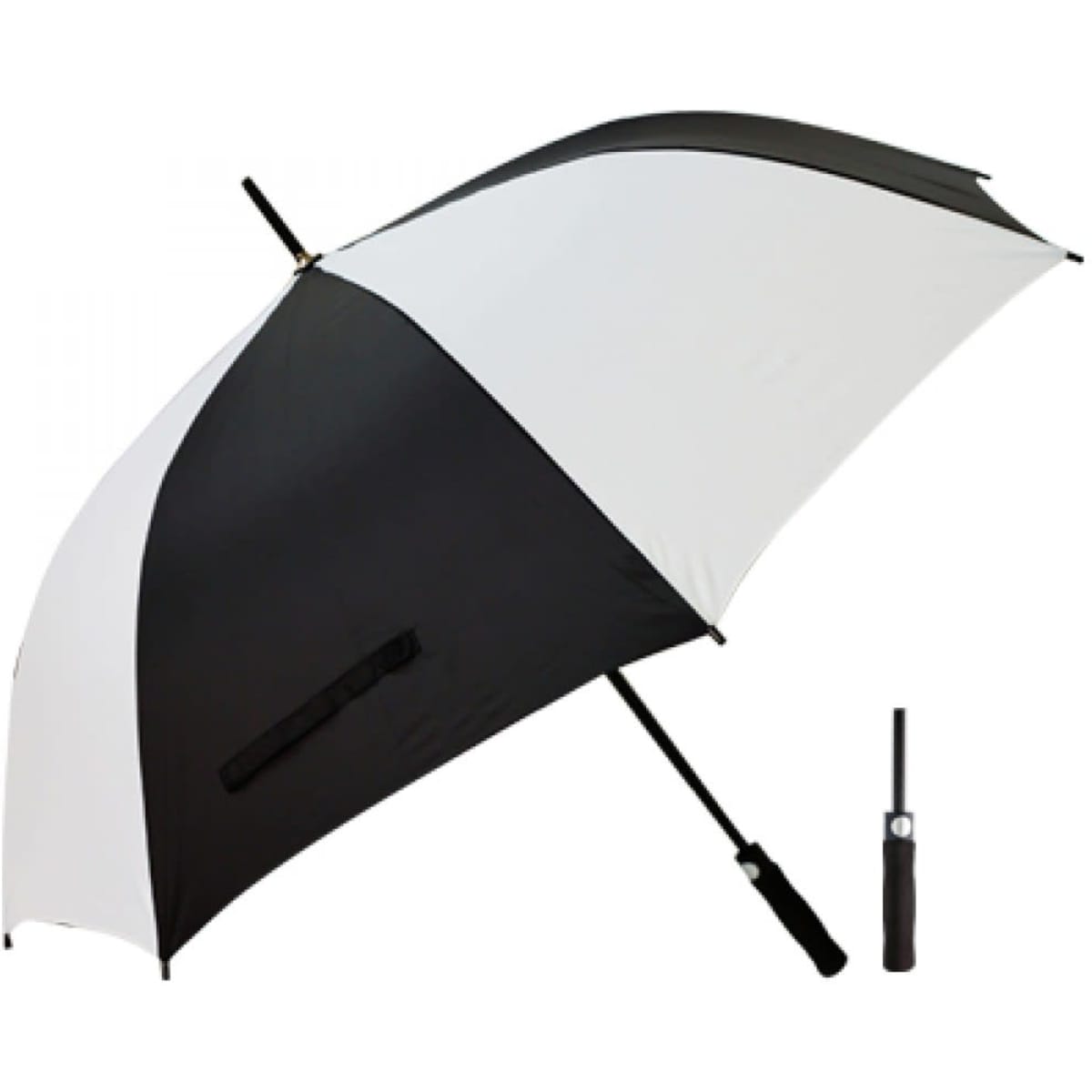 A large black and white umbrella with a handle and a logo. The umbrella has a folding design for easy storage.