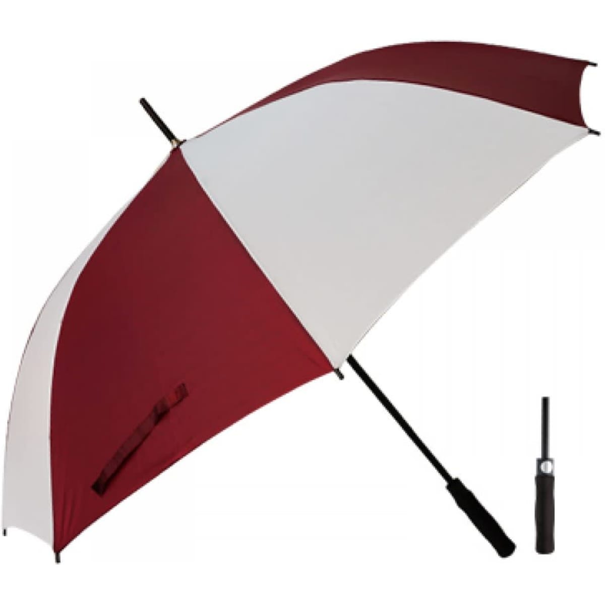 A large umbrella in burgundy and white, featuring a black handle and a compact storage option.
