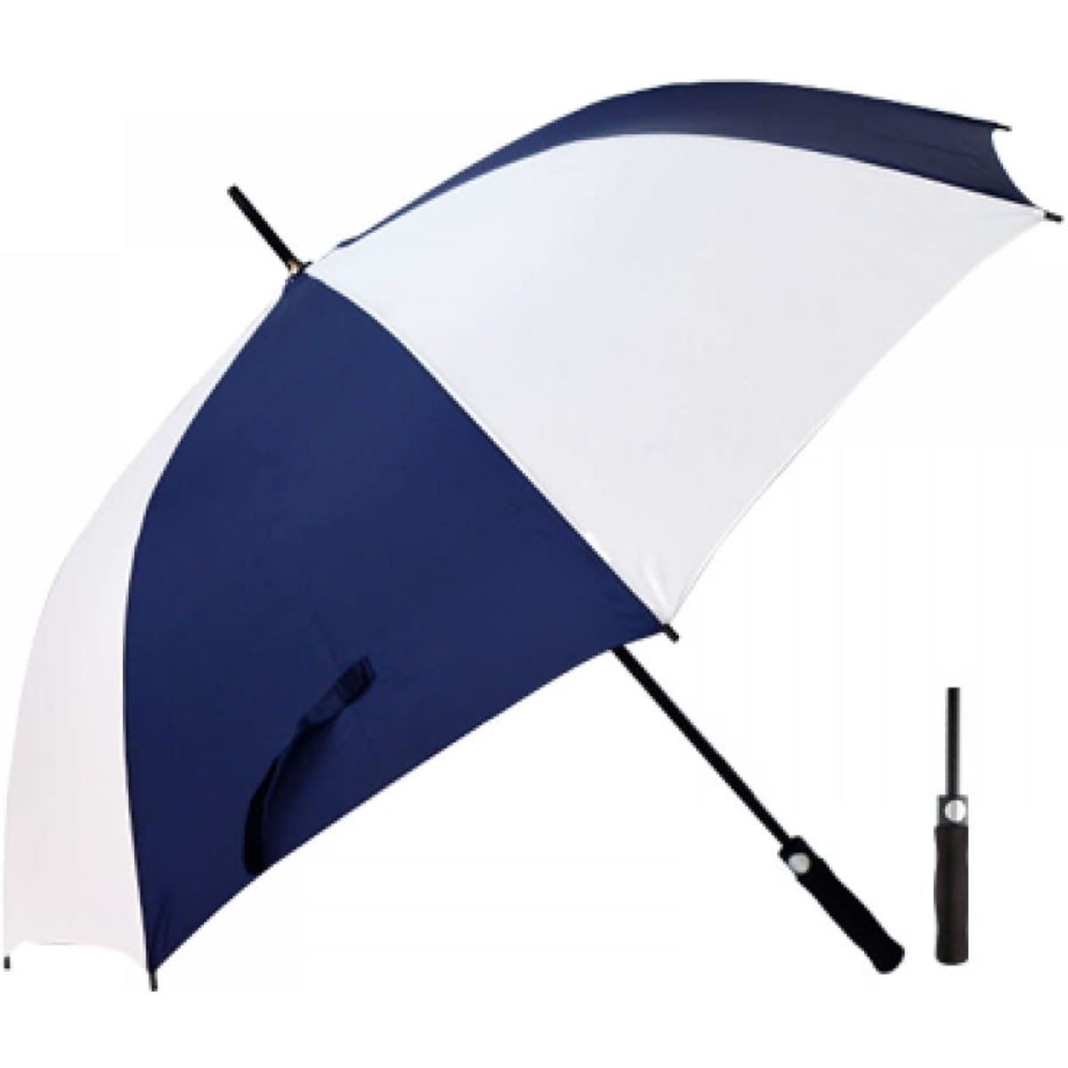 A large umbrella in navy and white, featuring a black handle and a compact foldable design.