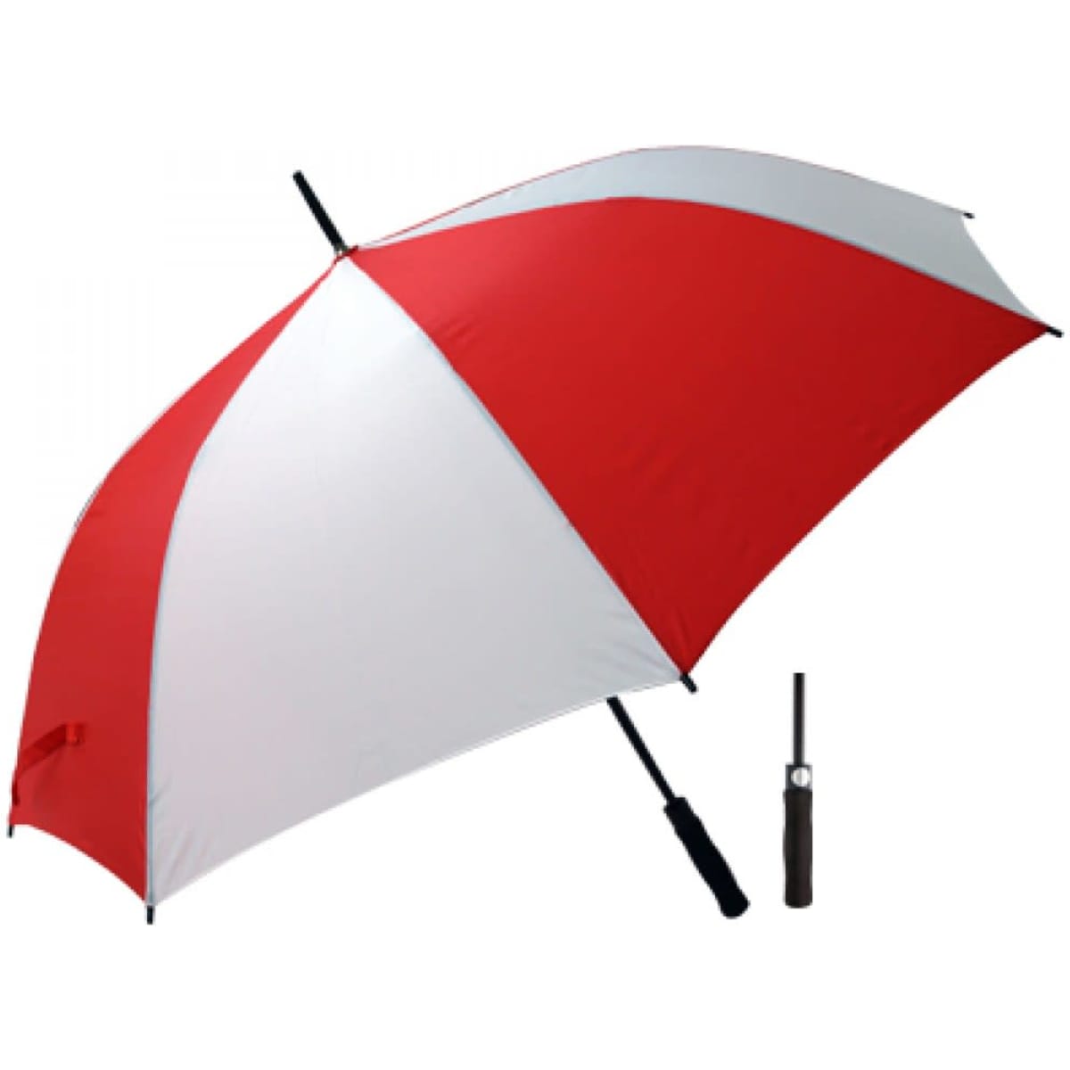 A large umbrella in red and white, featuring a black handle and a compact folding mechanism.