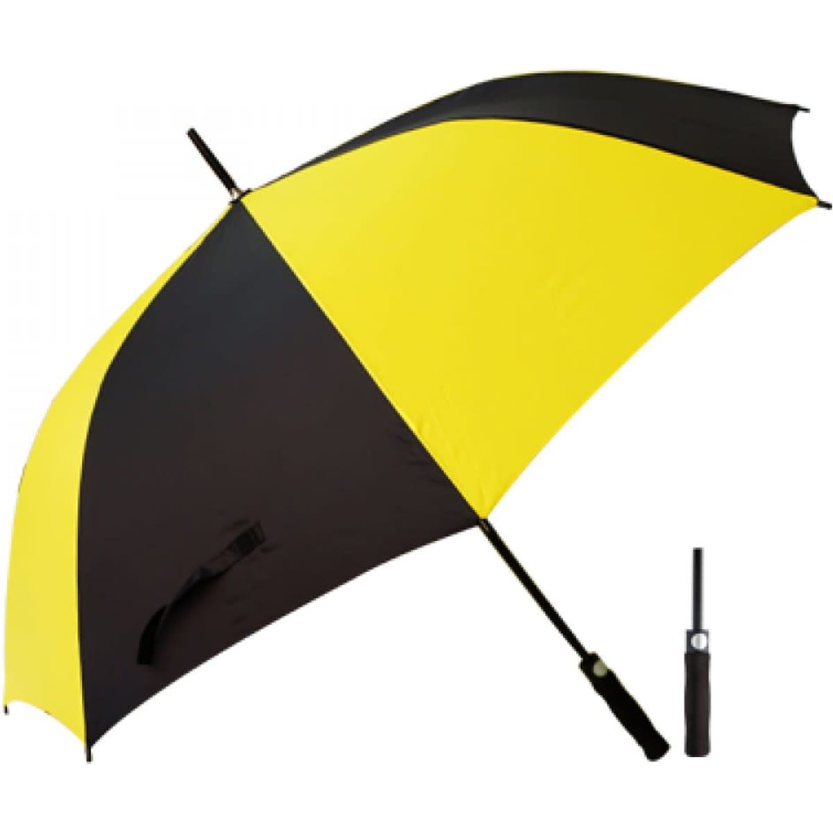 A foldable umbrella in yellow and black, featuring a sturdy handle and a logo on the fabric.