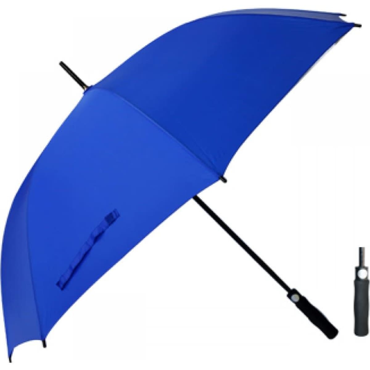 A blue umbrella with a curved handle and a sleek design, featuring a branding logo on the canopy.