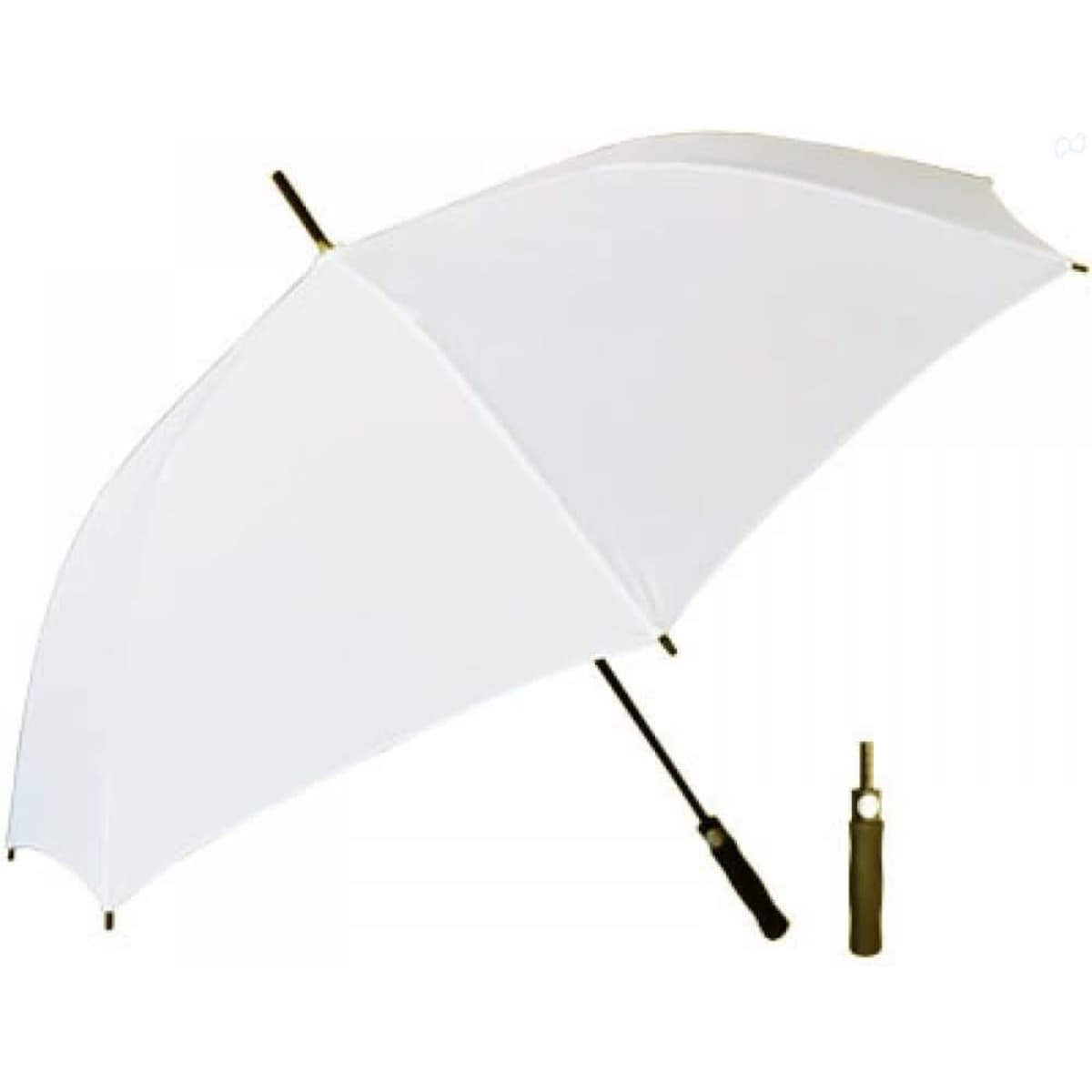 A white umbrella with a black handle, featuring a logo and a compact design for portability.