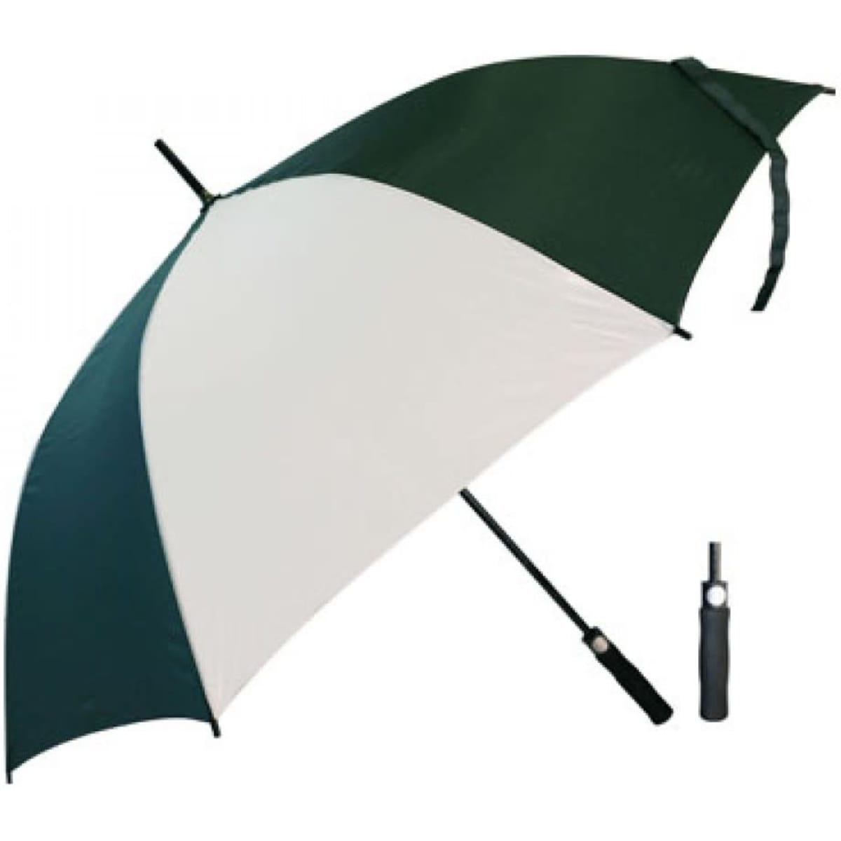 A large umbrella in bottle green and white, featuring a black handle and a compact foldable design.