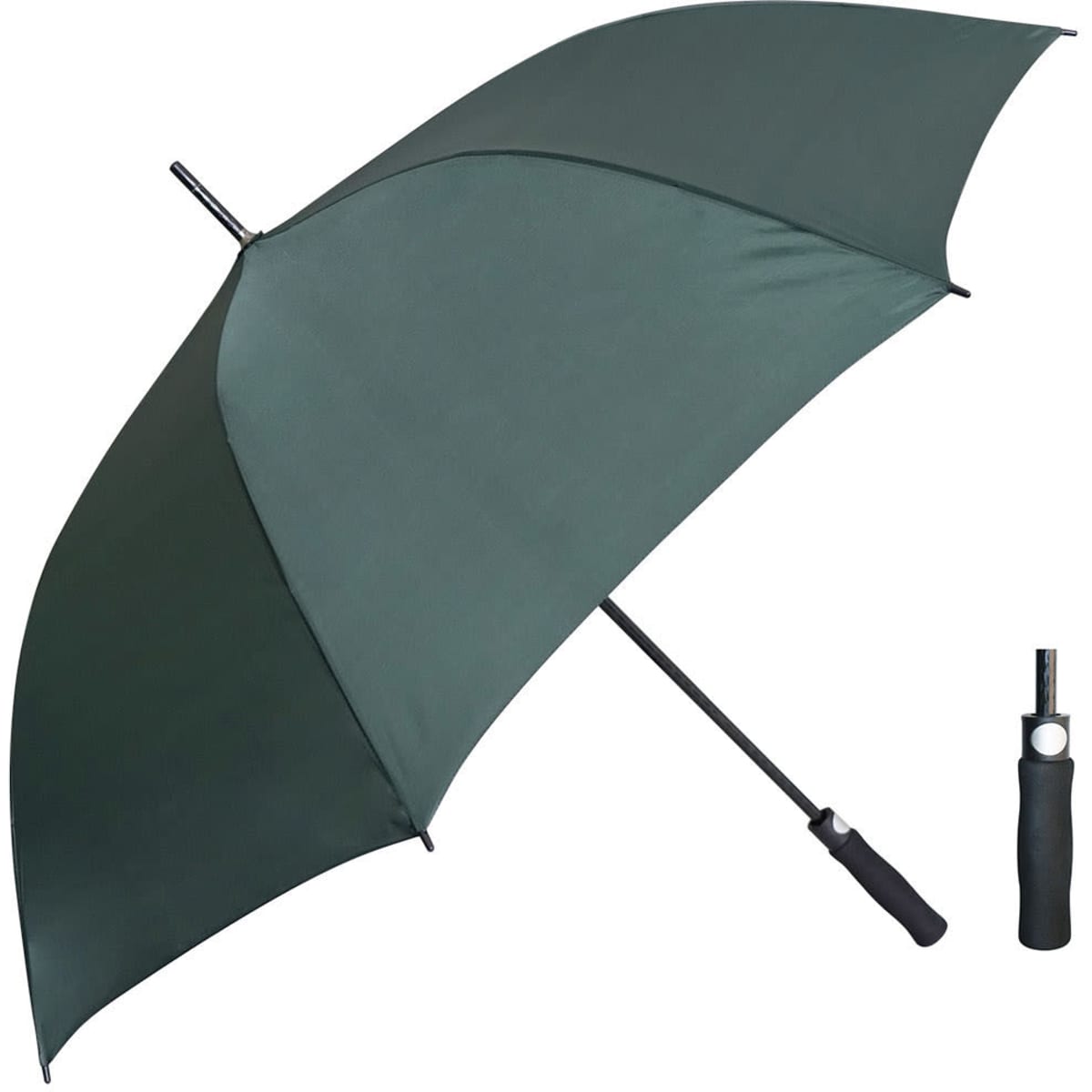 A green umbrella with a black handle, displayed in an open position next to a folding mechanism.