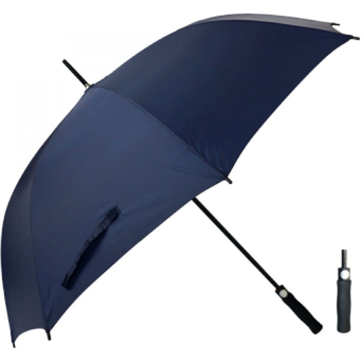 An umbrella in navy blue with a curved handle and a compact folded design for easy storage.
