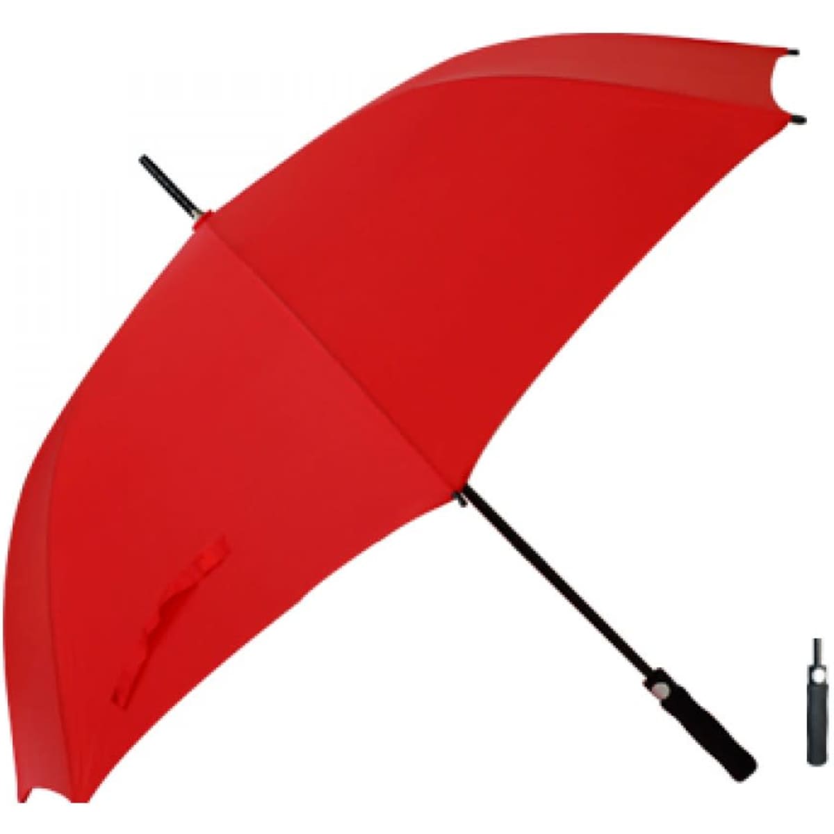 A red umbrella with a black handle, featuring a compact design for easy storage. It has a logo on the handle.