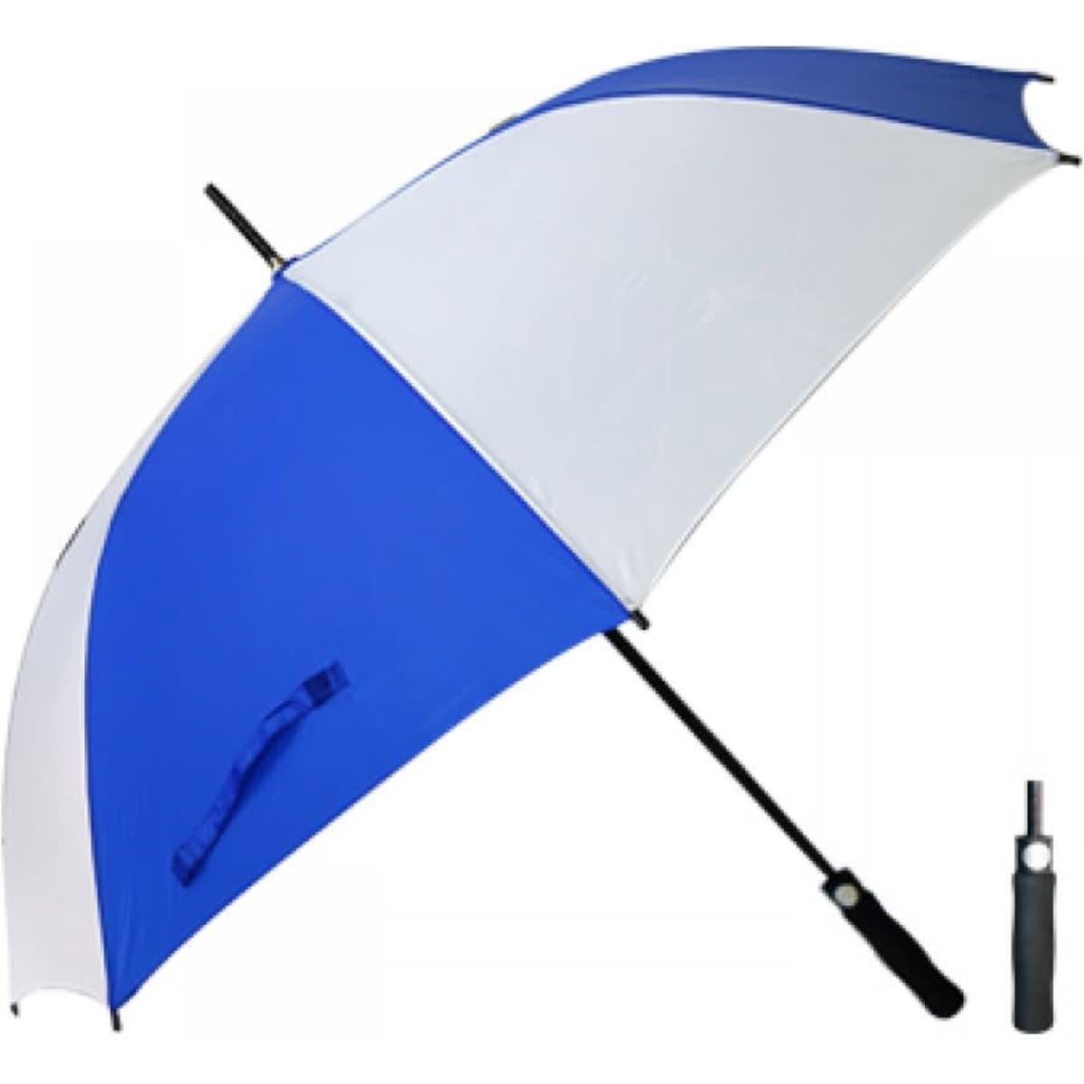 A large umbrella with a blue and white canopy, featuring a black handle and a logo on the side.