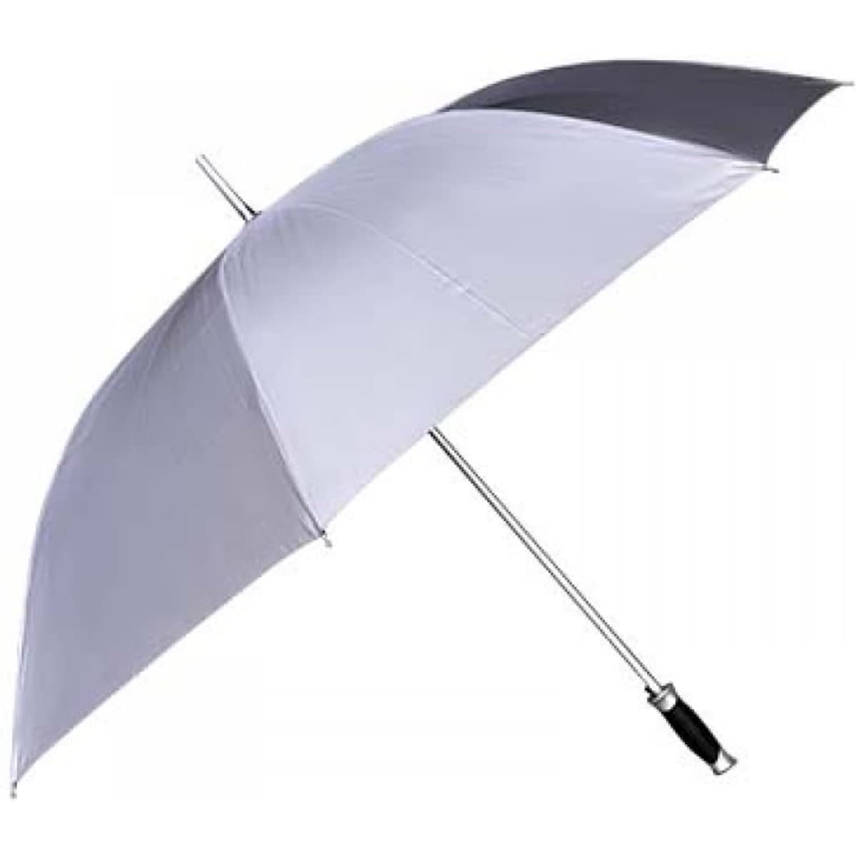 A silver and grey umbrella with a comfortable grip handle, featuring a sleek design and a metallic finish.