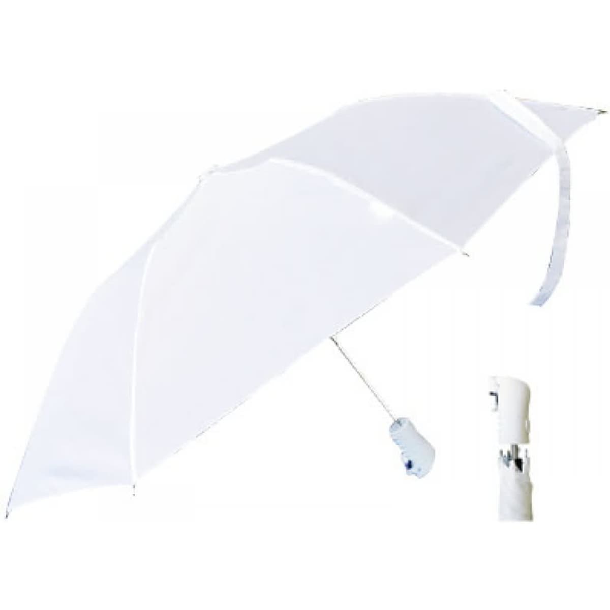 A folded umbrella in all white with a slim handle and a mechanism for opening and closing.