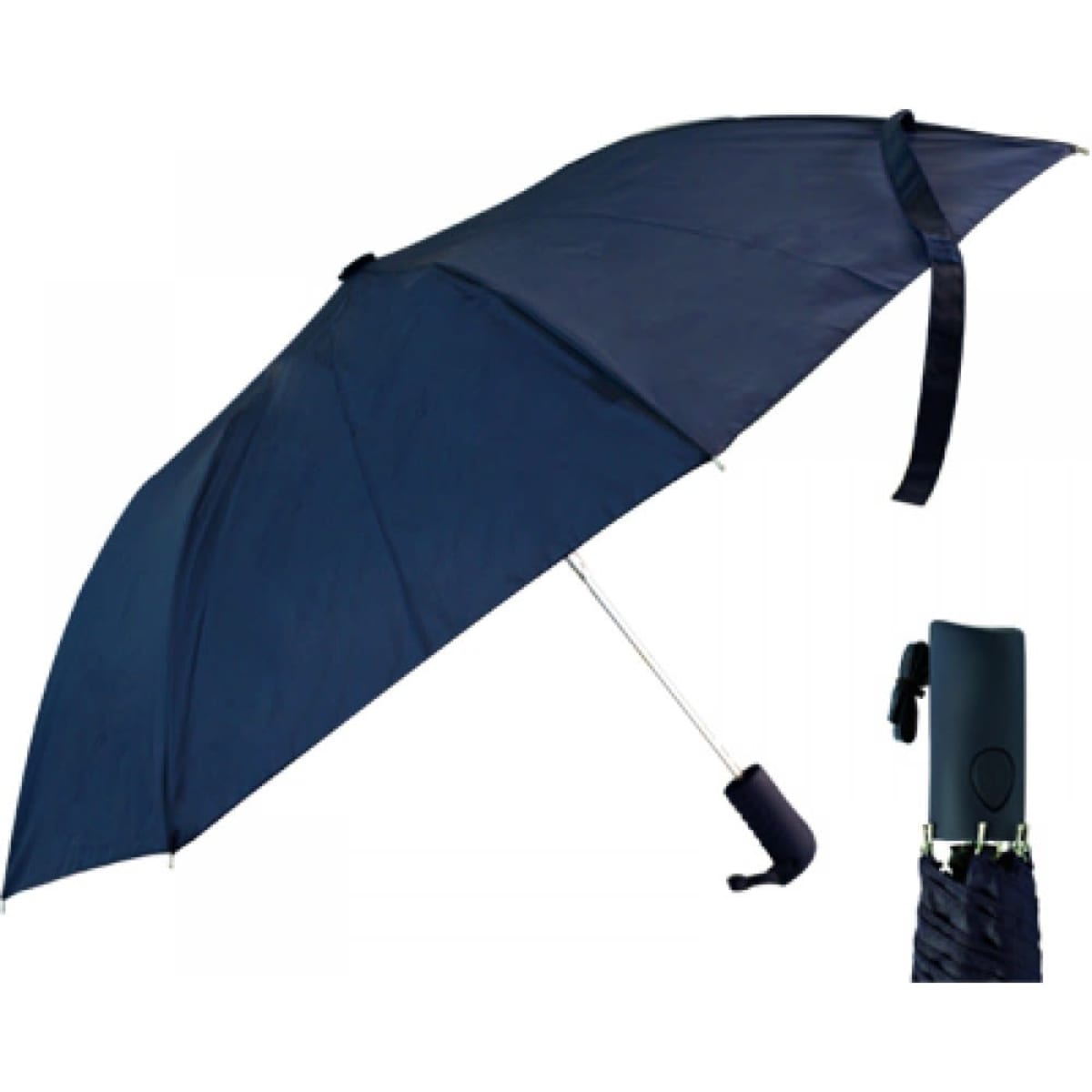 A folded umbrella in navy with a curved handle and a compact design for easy storage.