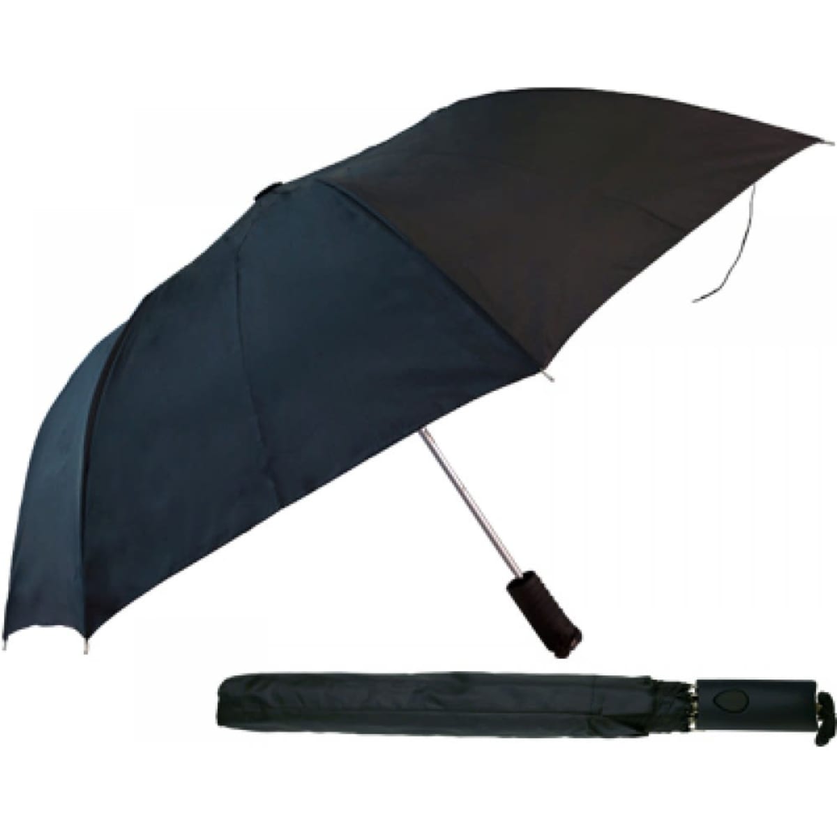 A black folded umbrella, displayed open and closed, featuring a curved handle and a simple design.