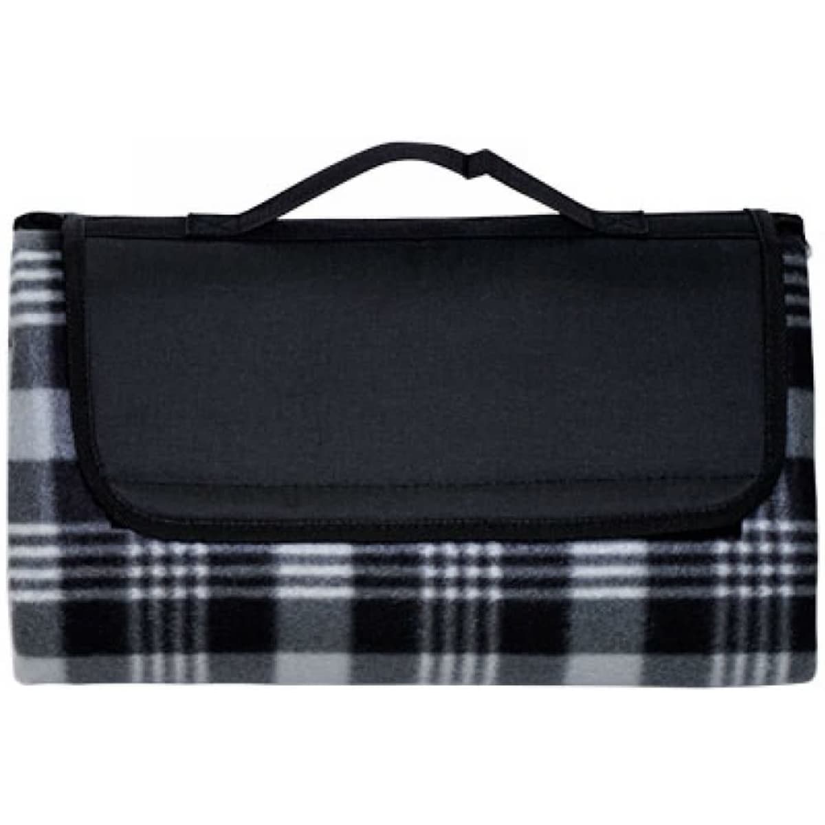 A picnic blanket featuring a black and grey plaid pattern, designed with a foldable structure and a carry handle.