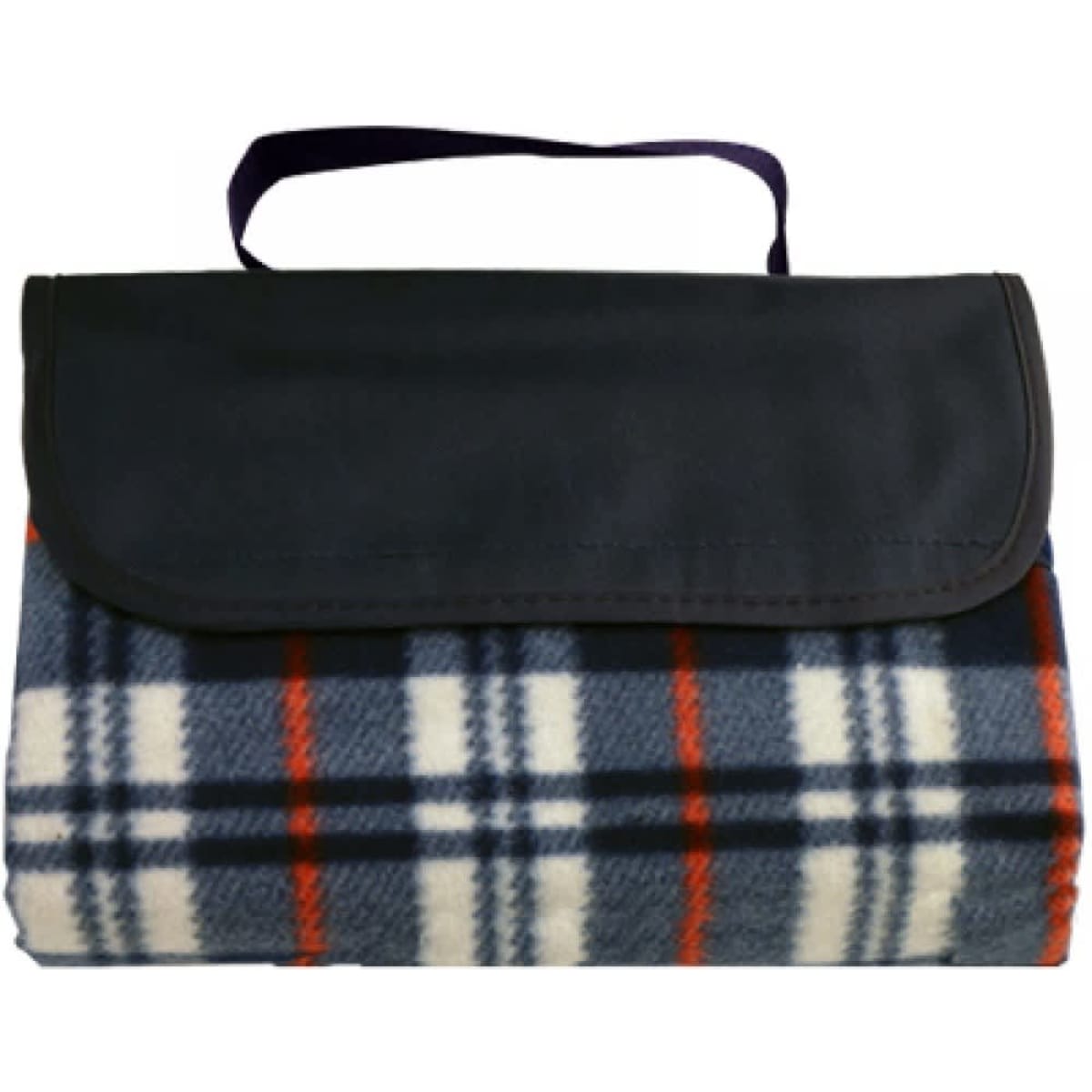 A picnic blanket in a blue, orange, and white check pattern, folded with a black carry handle.